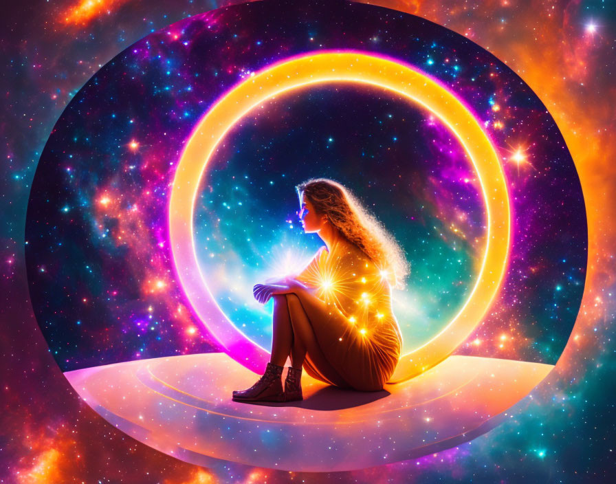 Woman sitting in luminous ring surrounded by cosmic stars and nebulae