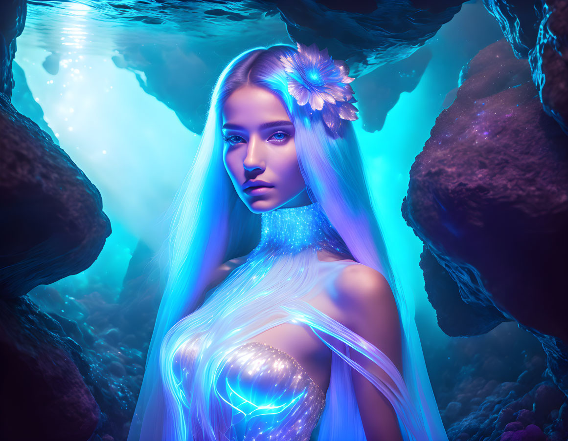 Mystical woman with luminescent skin holding orb in underwater cave