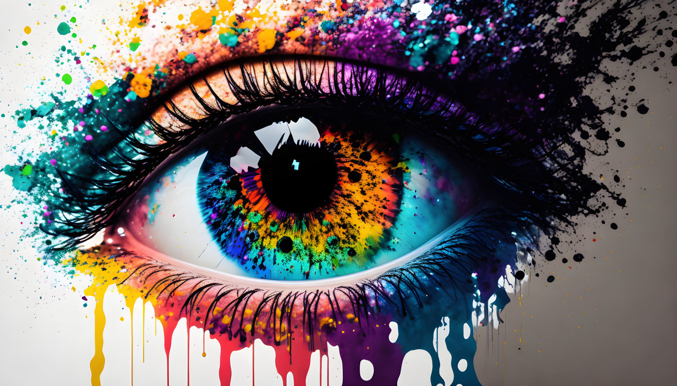 Colorful eye with multicolored iris on white background