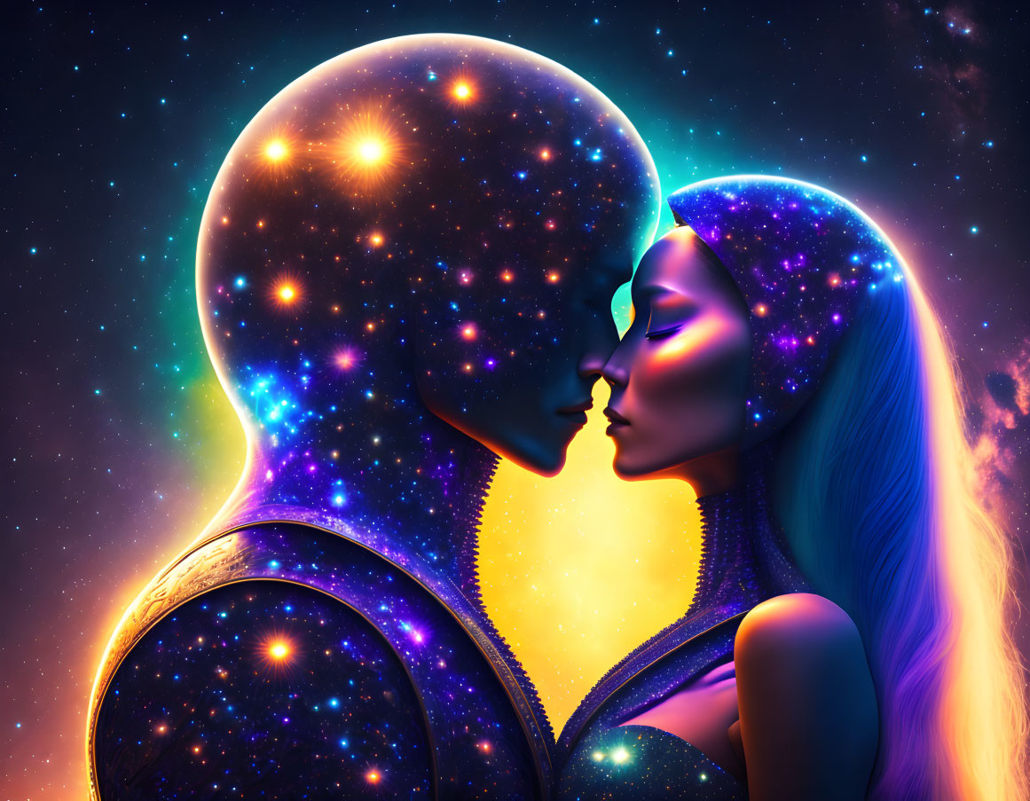 Man and woman silhouettes with cosmic theme and star adornments under starry sky