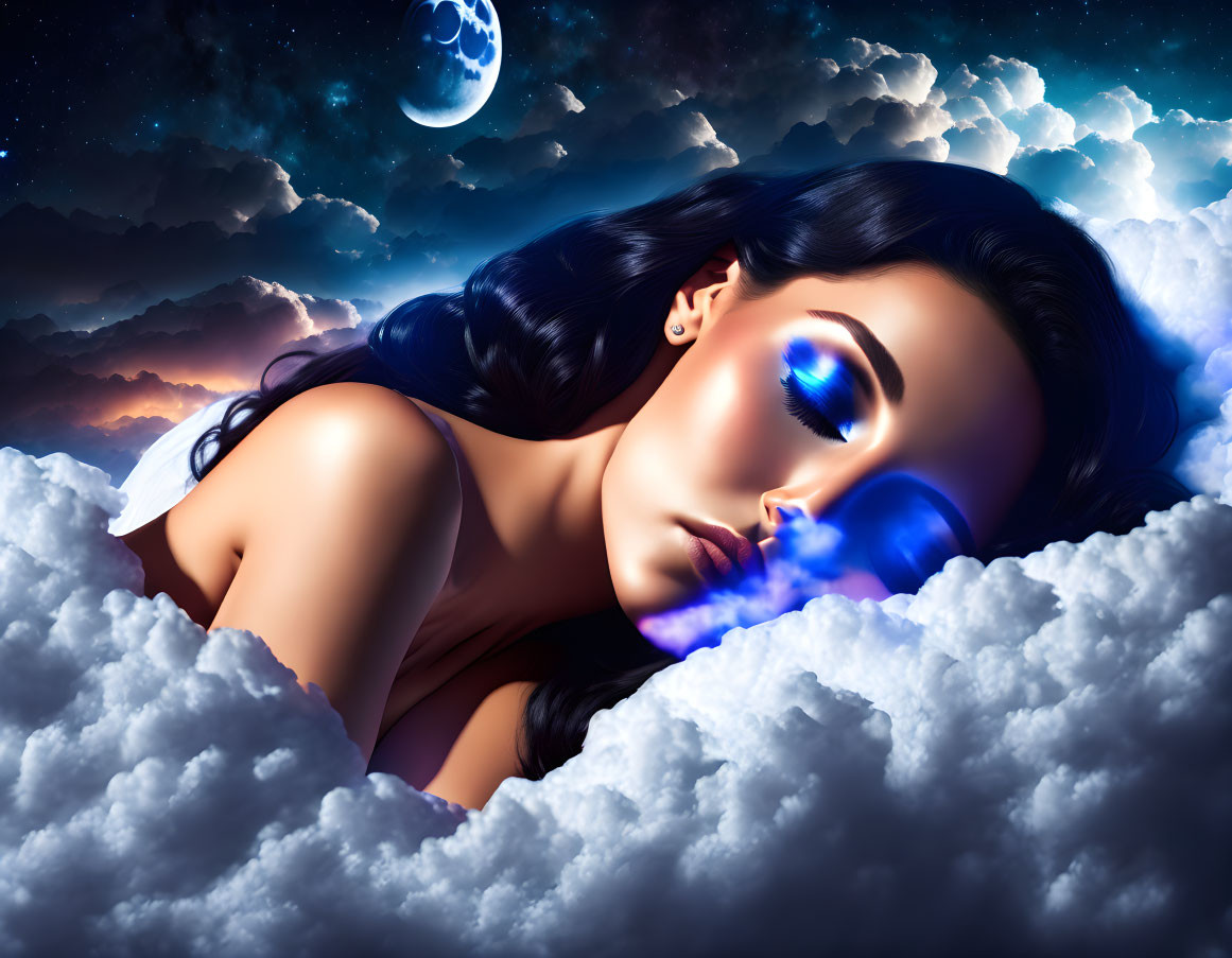 Digital artwork featuring woman on clouds under night sky