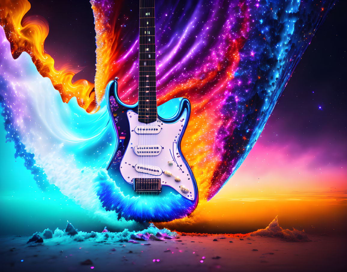 Colorful Electric Guitar with Cosmic Energy on Starry Background