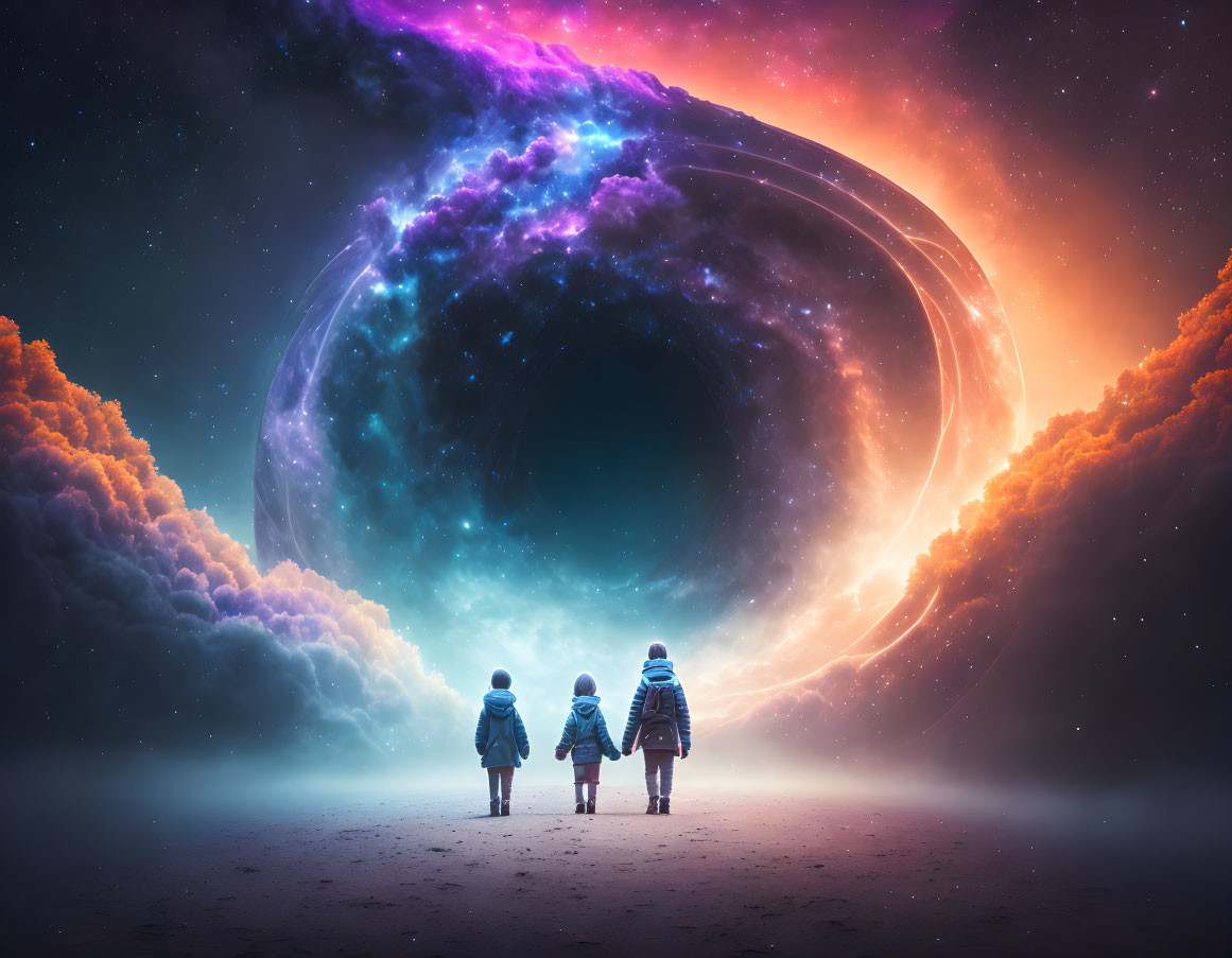 Children in front of cosmic portal under star-filled sky