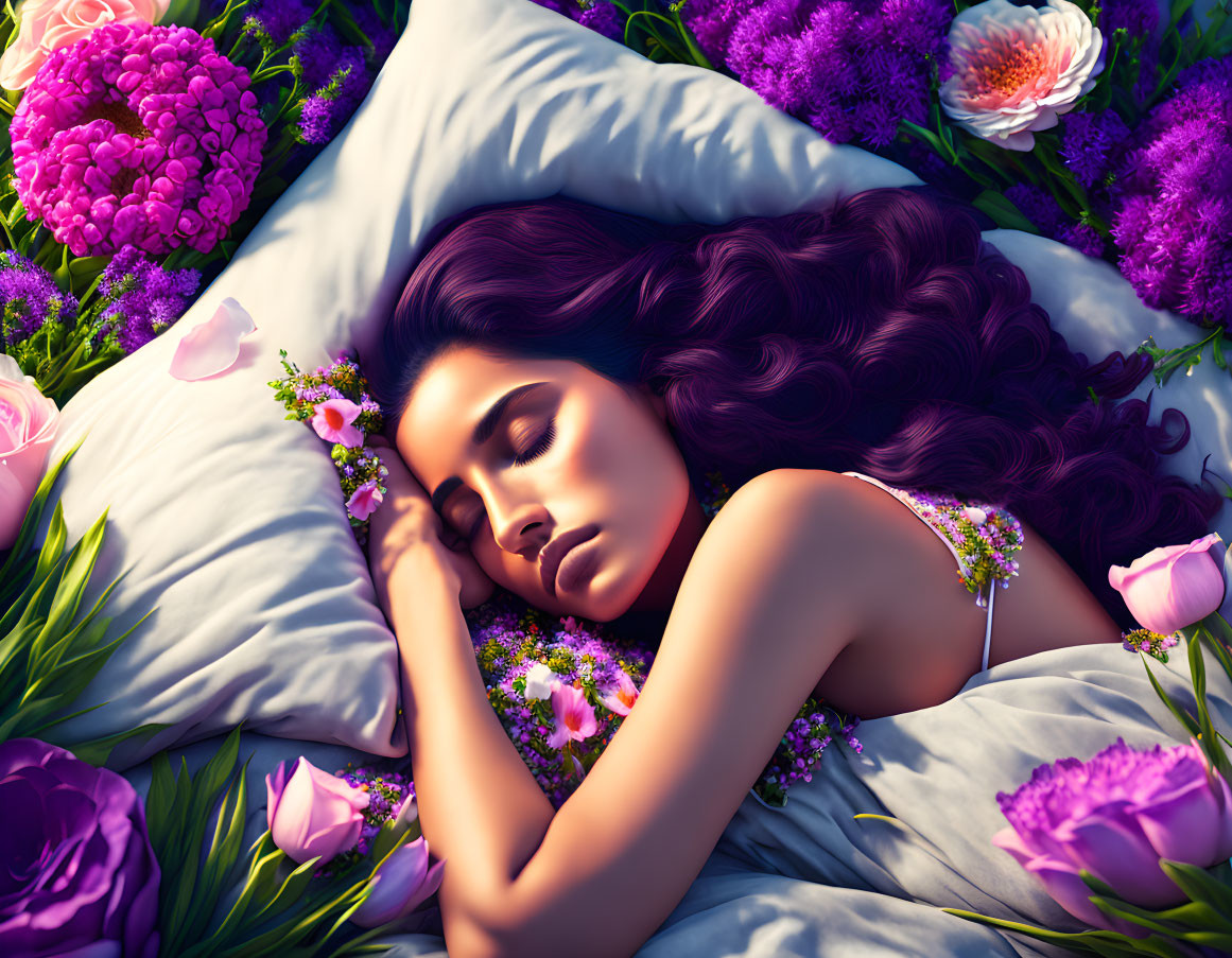 Woman resting among vibrant flowers with petals in her dark hair