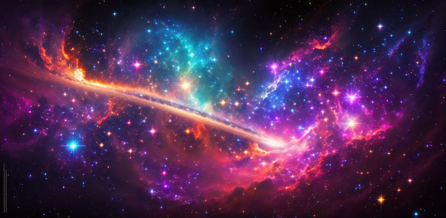 Colorful cosmic landscape with central galaxy and scattered stars.