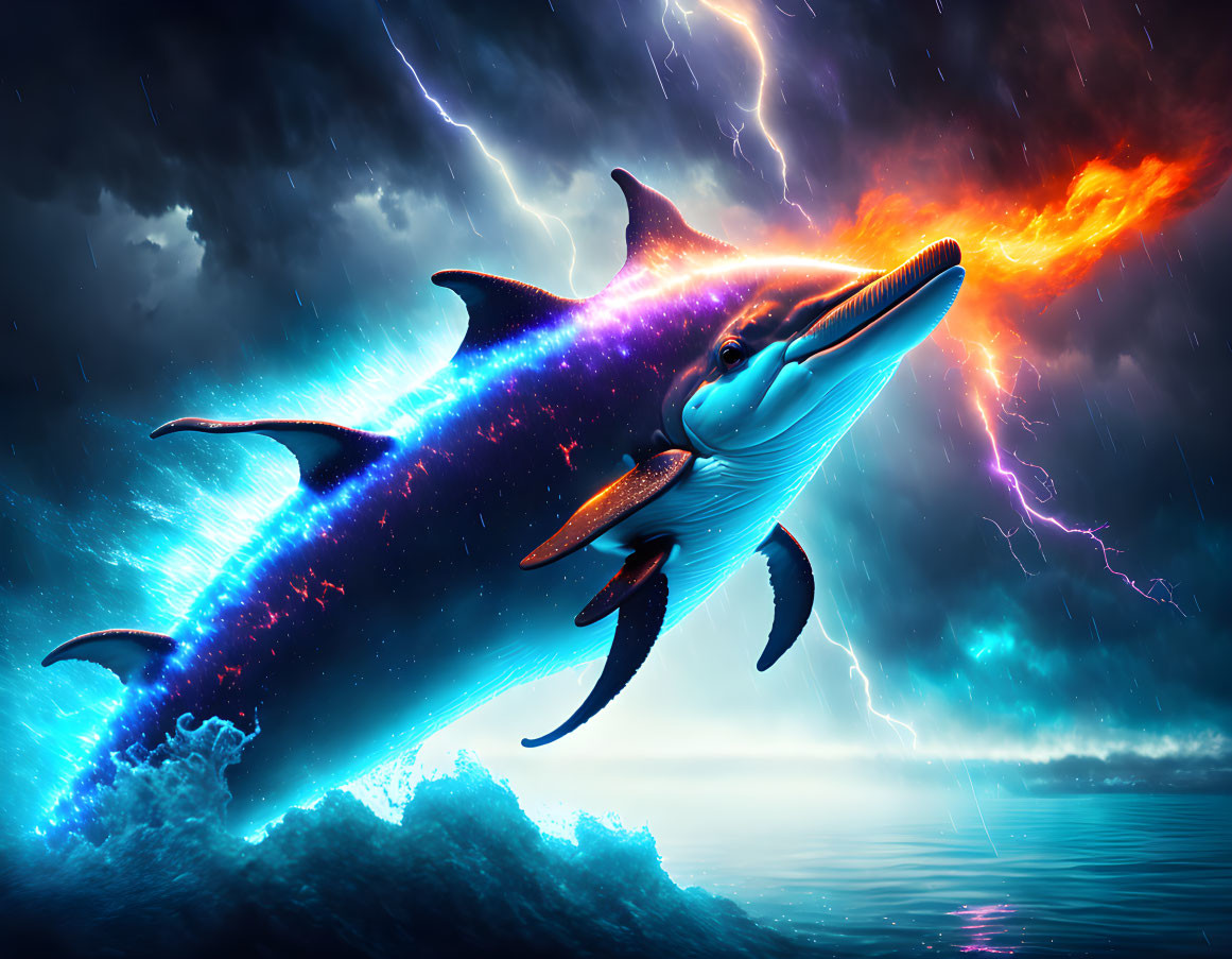 Cosmic dolphin with stars on skin in stormy space scene