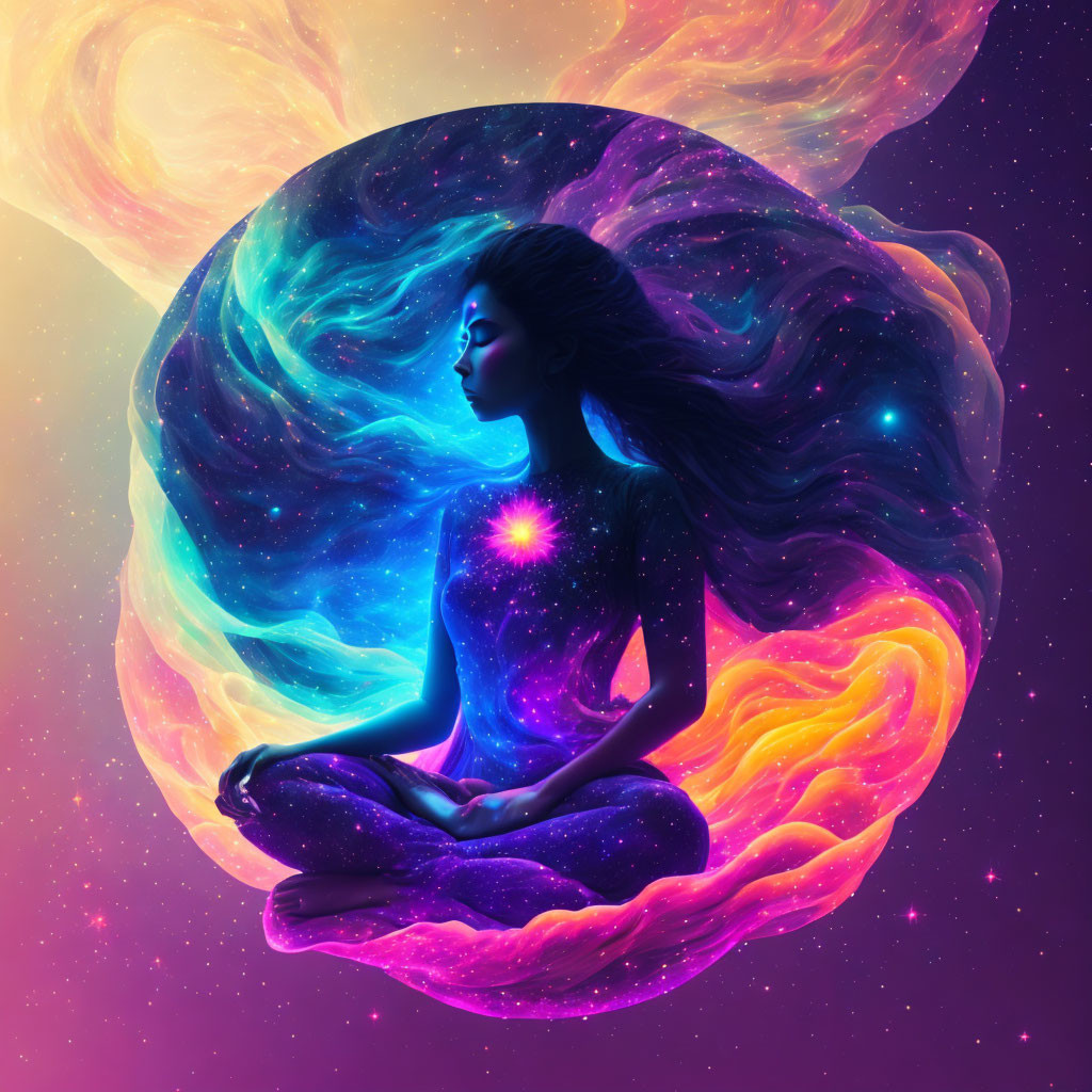 Woman Meditating Surrounded by Cosmic Galaxy Aura