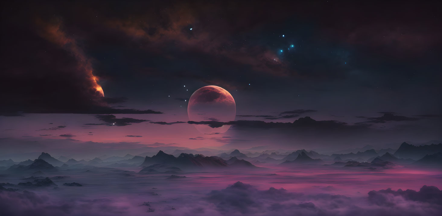 Surreal twilight landscape with crescent moon over purple mountains