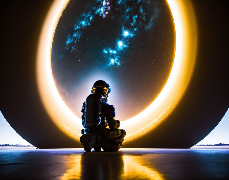 Astronaut silhouette in front of glowing starry portal