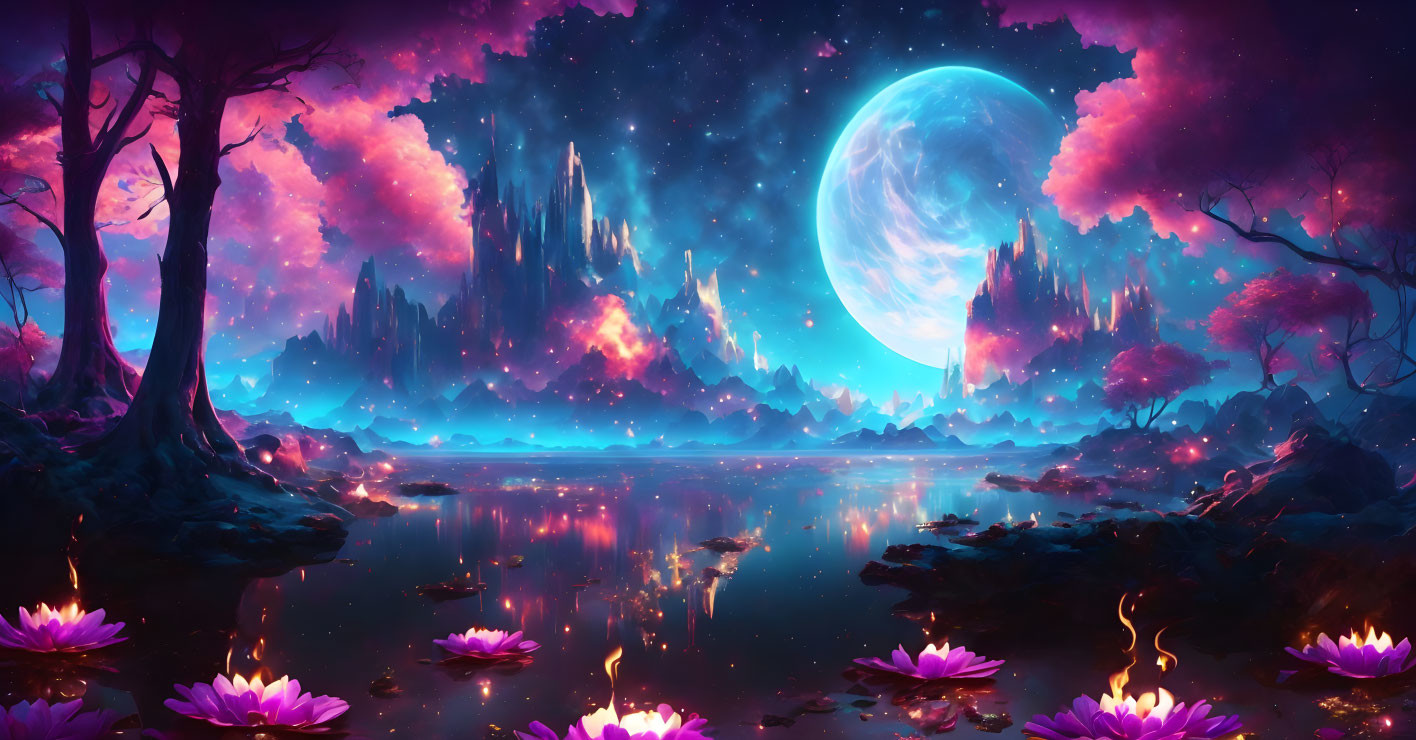 Fantasy landscape with pink clouds, moon, mountains, lake, lotus flowers, and starlit