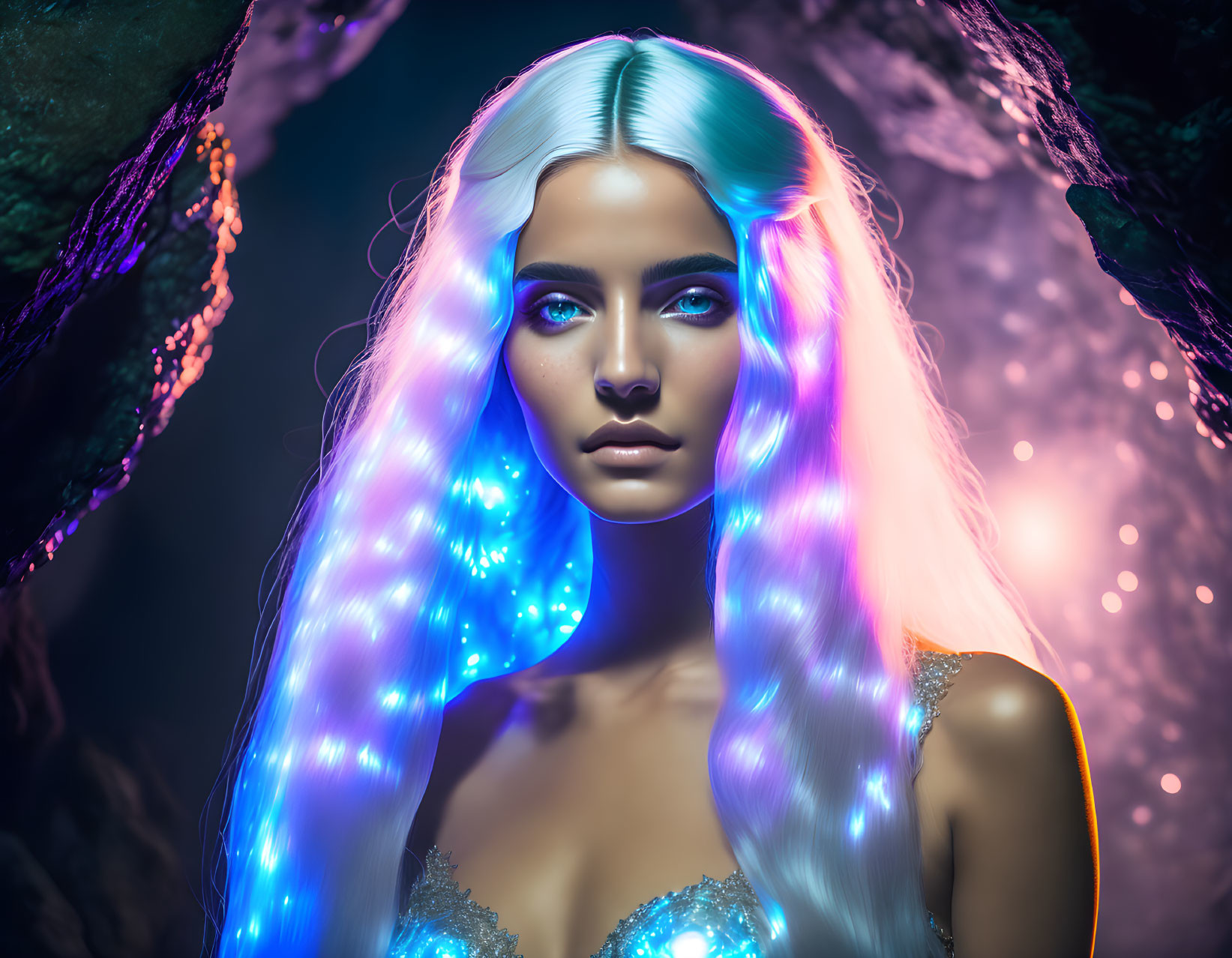 Woman with glowing blue and pink hair in dark cave with colorful lights