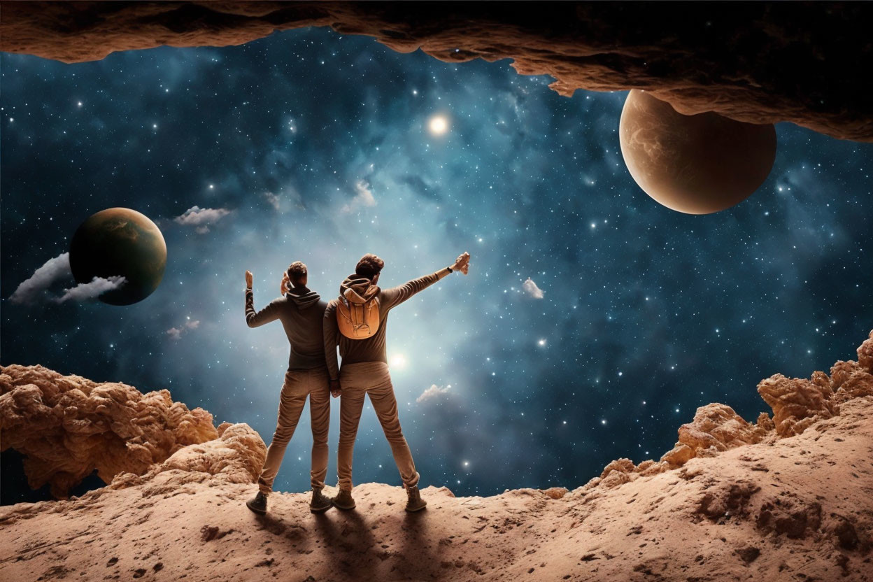 Two individuals at cave entrance observing cosmic scene with stars and planets.