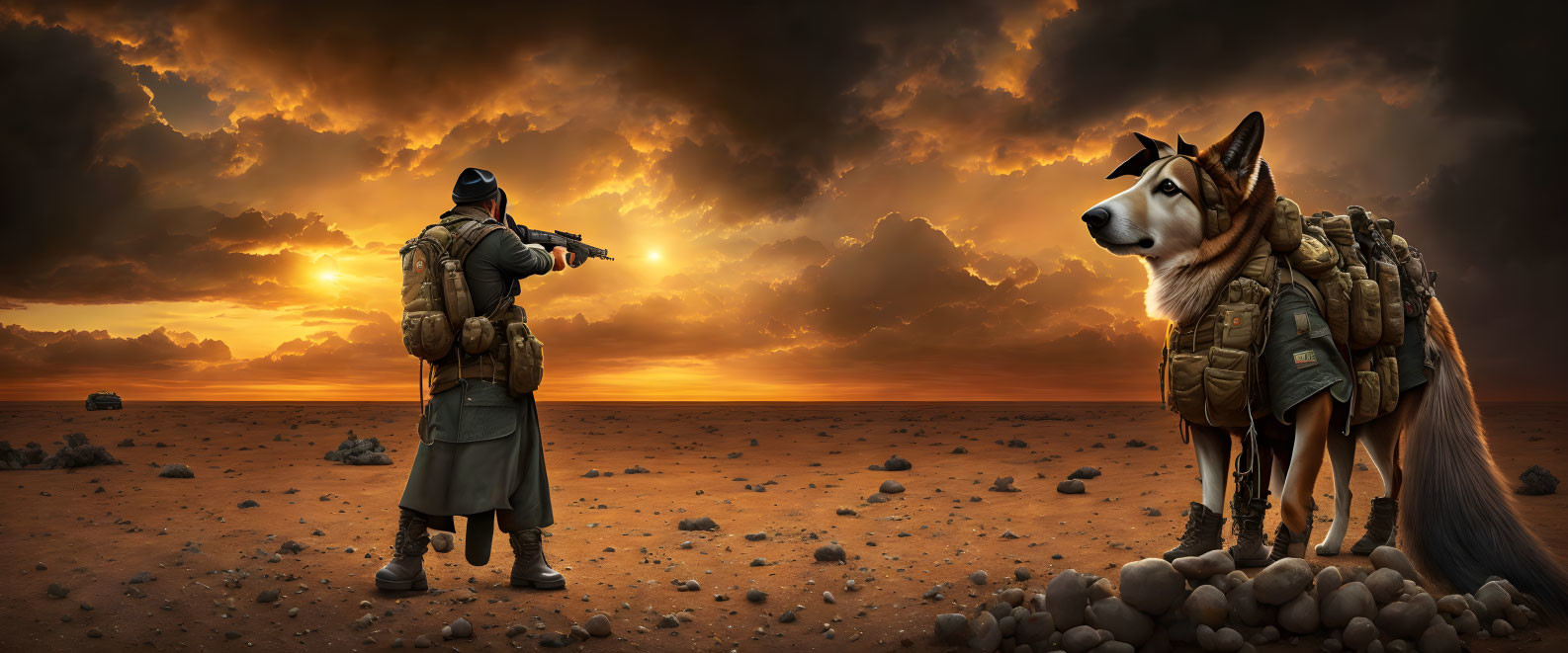 Soldier and dog in desert at sunset with binoculars