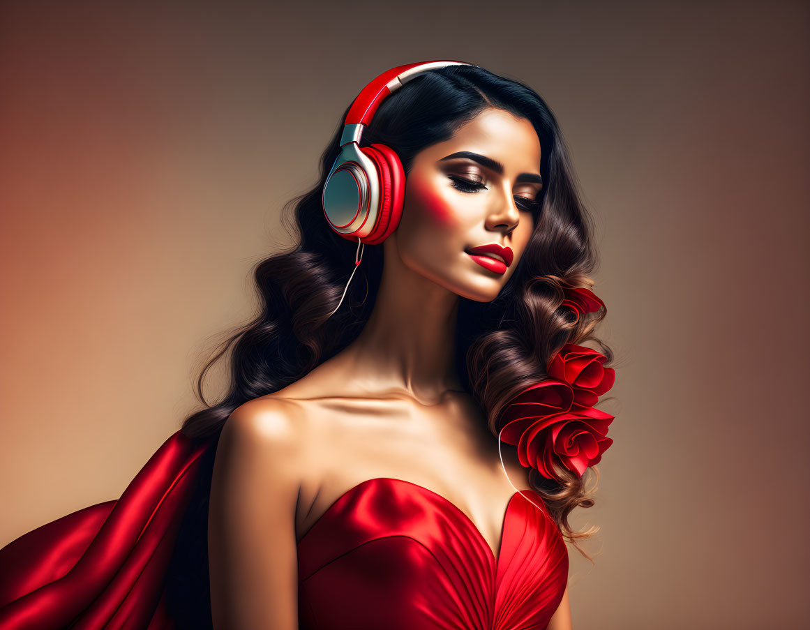 Stylish woman with wavy hair in red dress and headphones on warm background