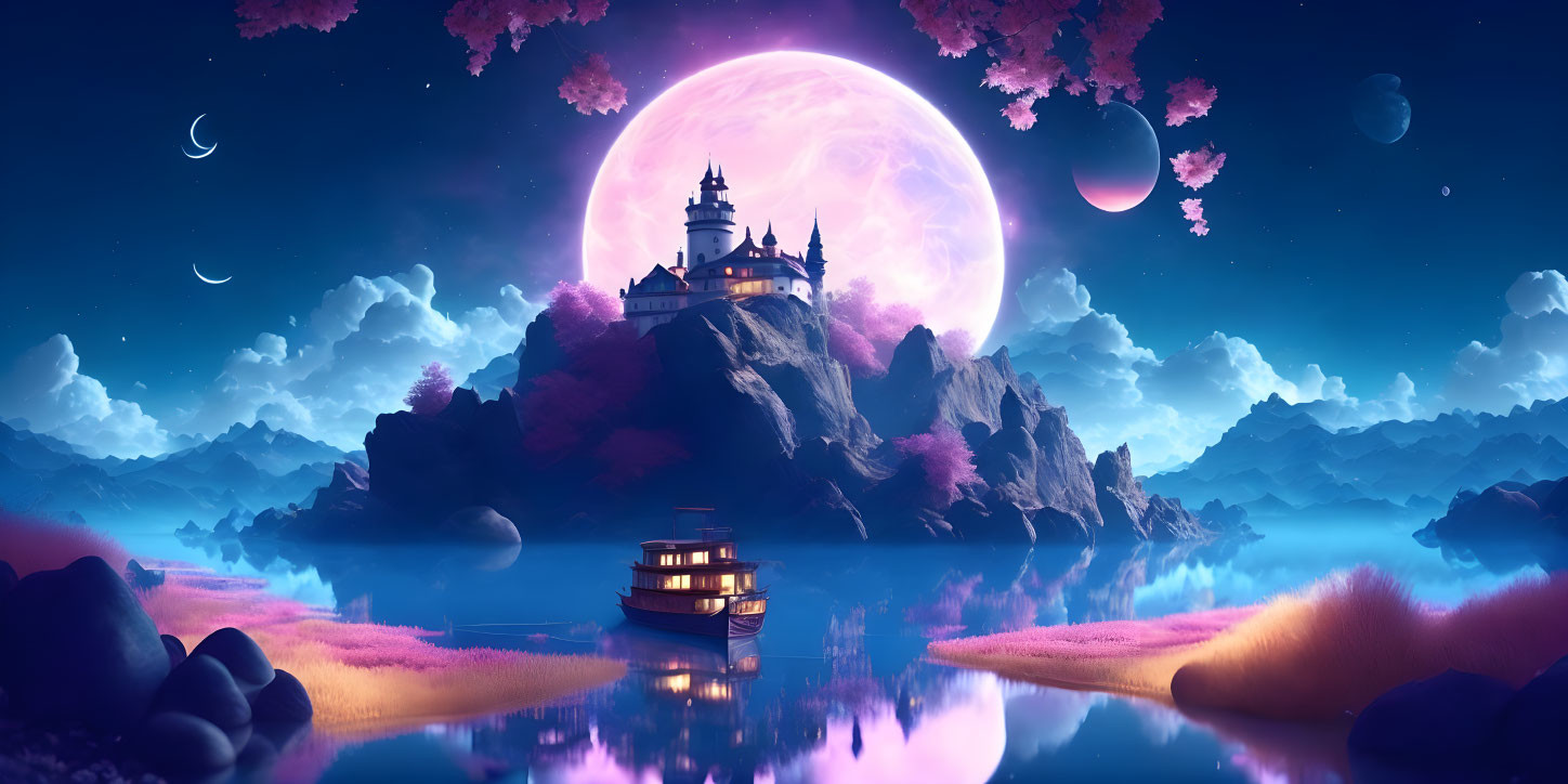 Fantasy castle on mountain under large purple moon overlooking reflective lake and sailing boat amid clouds and smaller moons