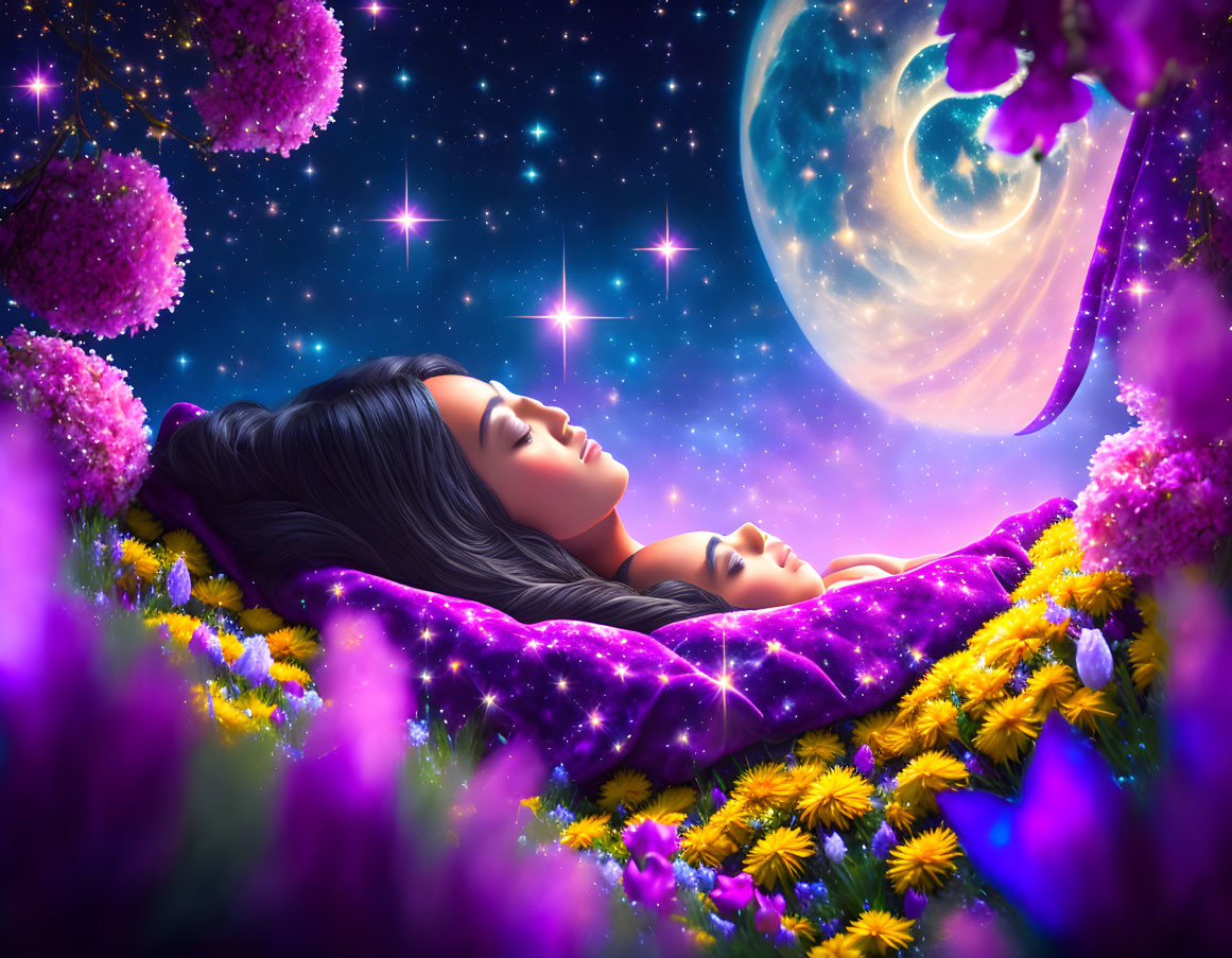 Woman and child sleeping in flower field under starry sky with moon and glowing effects