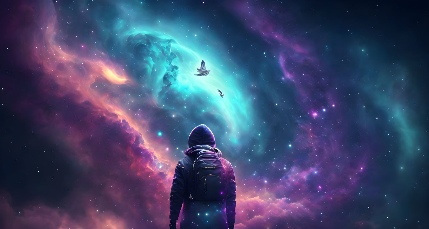 Hooded figure gazes at vibrant galactic sky with nebulae and celestial wolf.