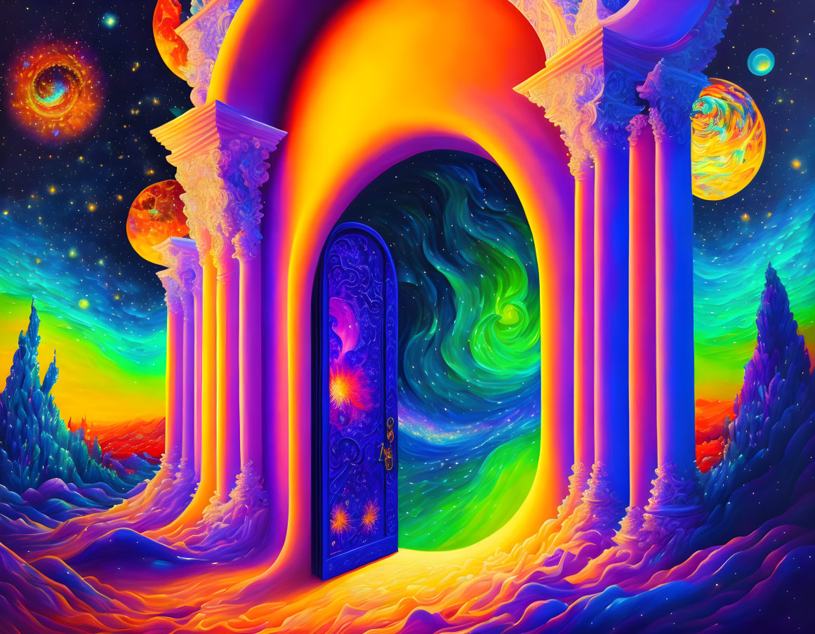 Colorful surreal landscape with arched doorway and swirling galaxy