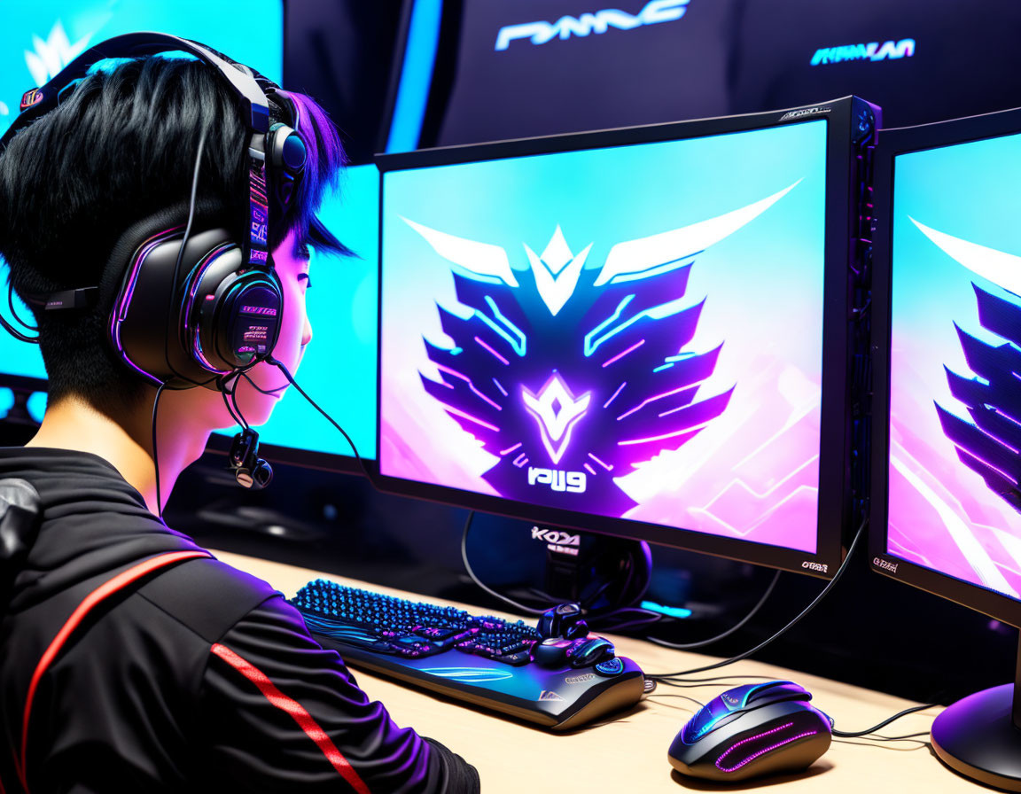 Person with headphones and gaming logo on computer screen amidst gaming peripherals