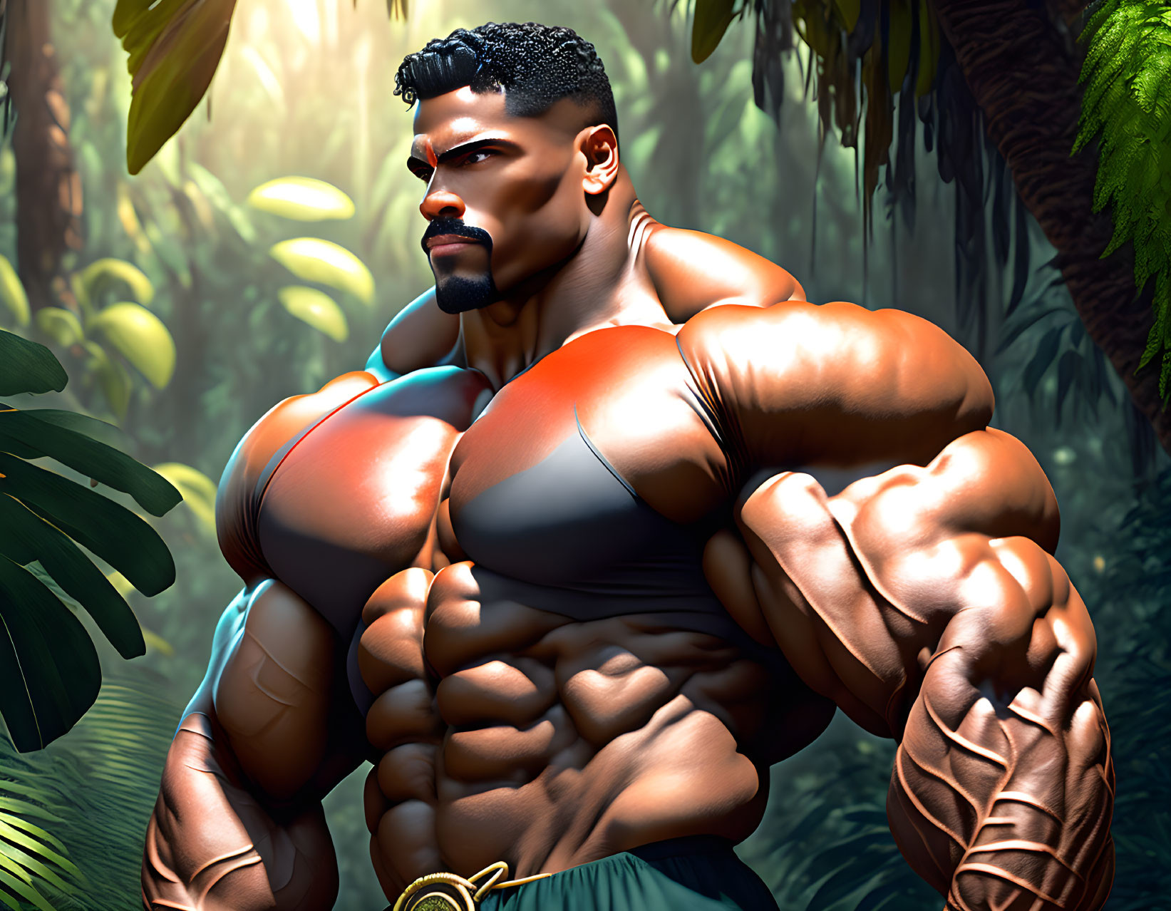 Muscular animated character in jungle setting with stern expression