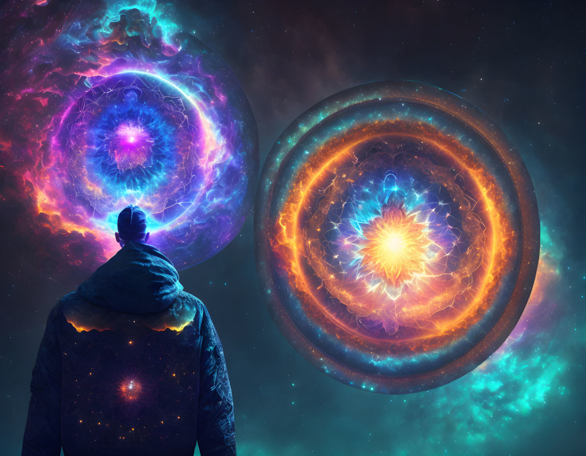 Person in jacket gazes at vibrant celestial orbs in cosmic background