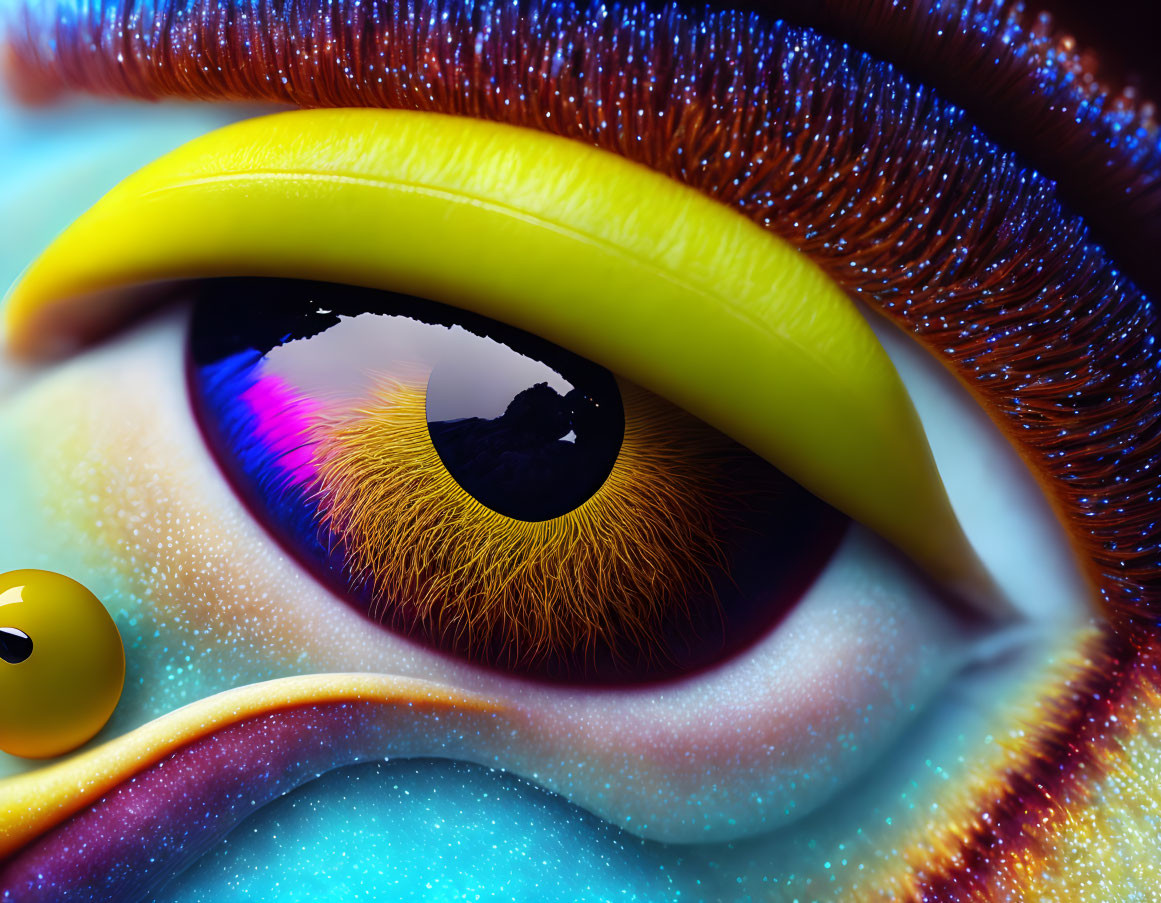 Colorful surreal human eye with long lashes and nebula reflection.