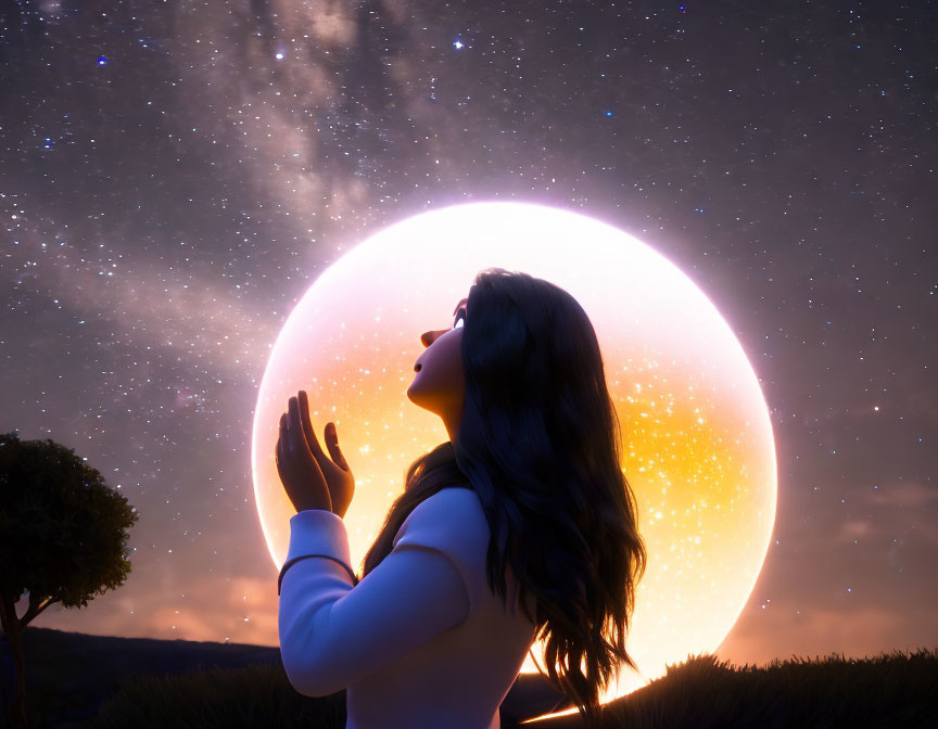 Woman admiring glowing celestial body in starry sky