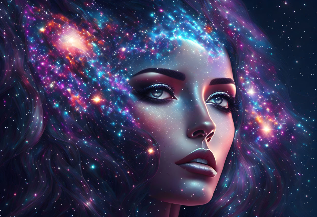 Woman's profile with cosmic galaxy patterns on starry background