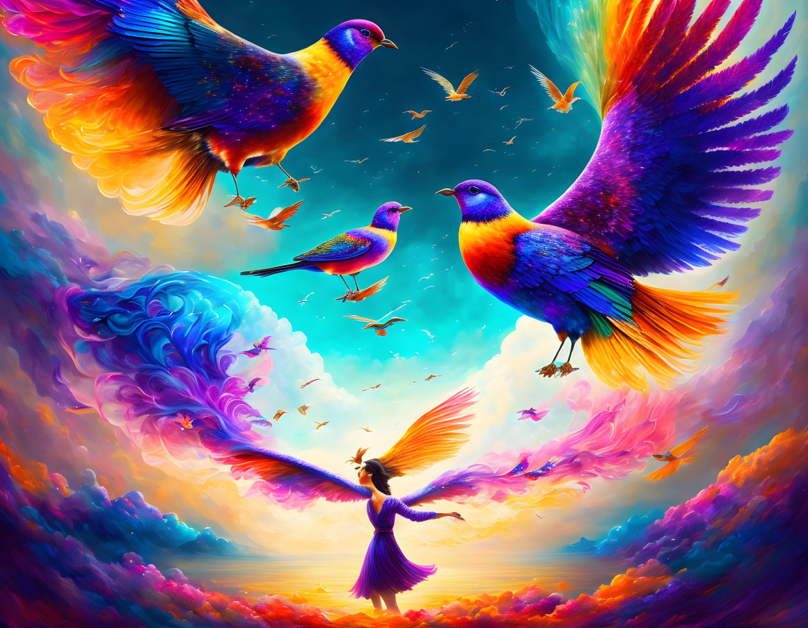 Colorful Illustration of Person with Birds in Surreal Sky