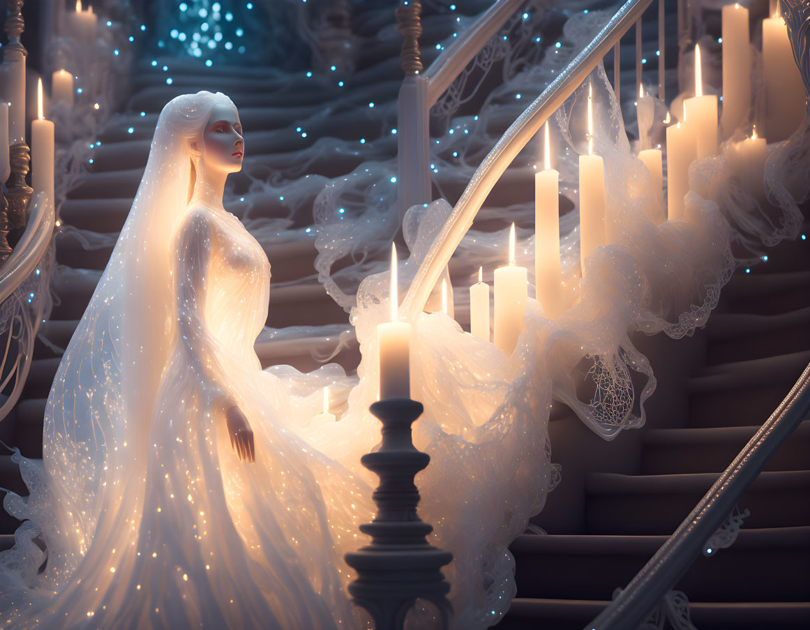 Glowing white dress on candle-lit staircase captured in a dreamlike scene