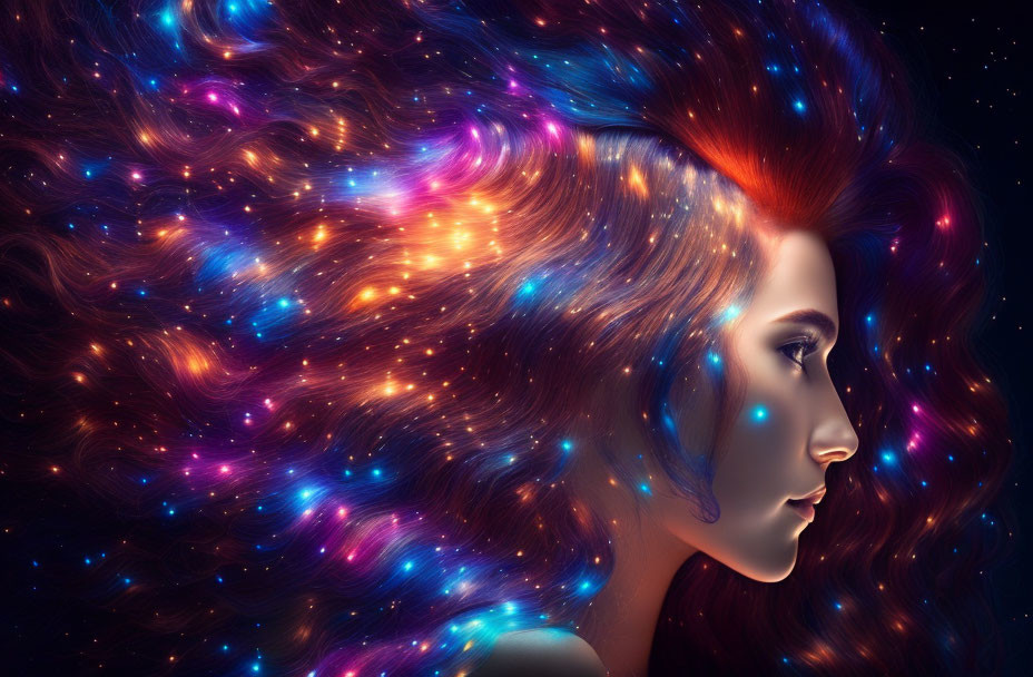 Vibrant galaxy-themed hair on woman's profile with stars and nebulae