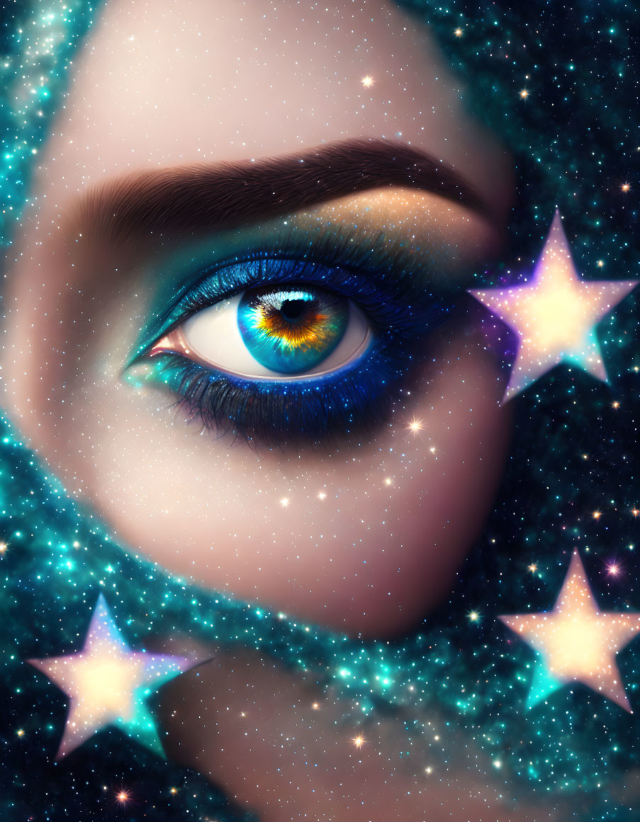 Eye makeup with galaxy theme: blues, purples, stars, stardust