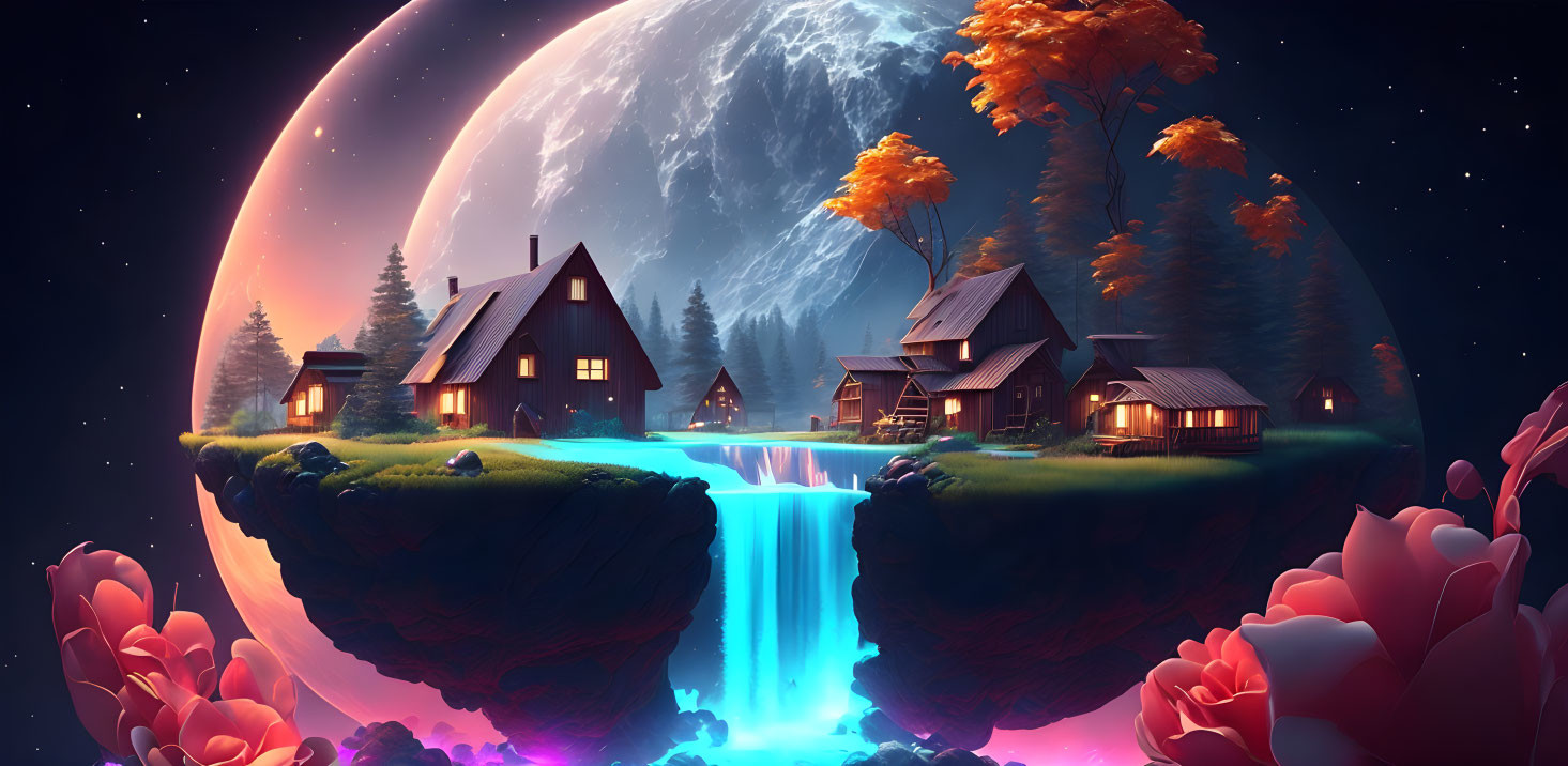 Fantasy landscape with floating island homes, waterfall, autumn trees, glowing flowers, large moon, and