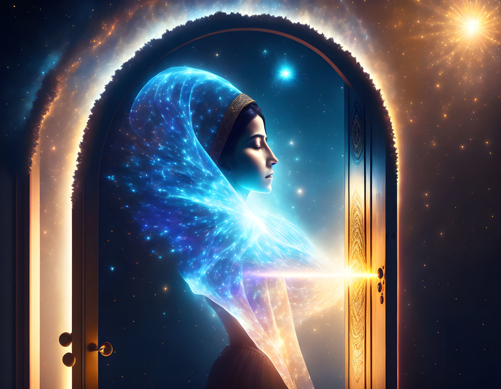 Woman in cosmic robe gazes into star-filled space through arched door