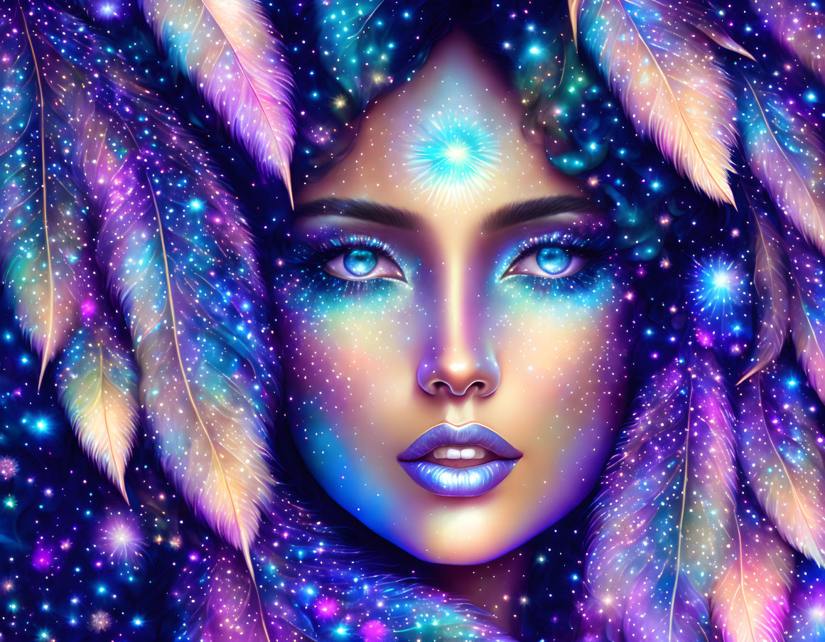 Fantasy portrait of a woman with vibrant blue skin and cosmic feathers.