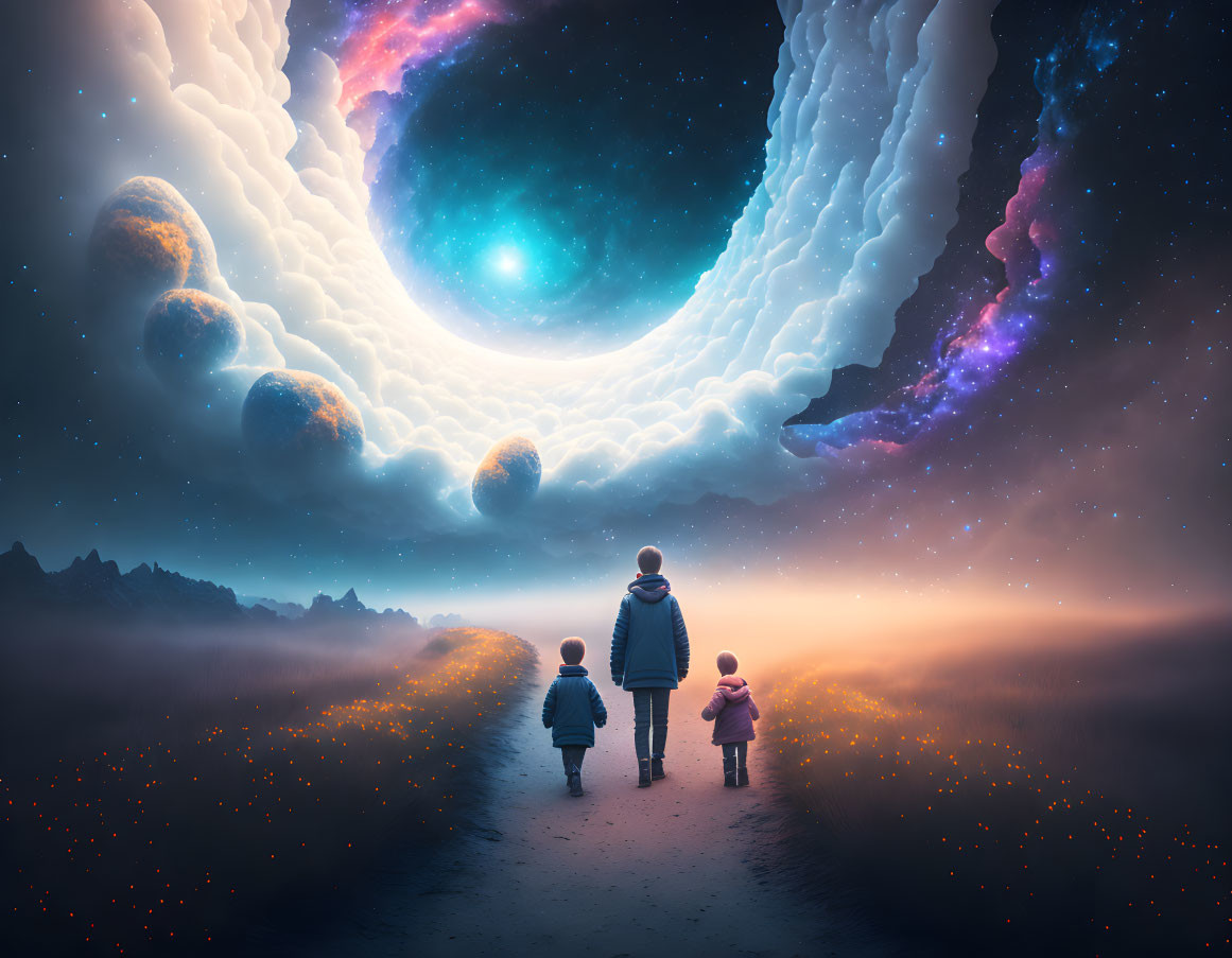 Adult and two children in surreal cosmic landscape with galaxies, orbs, and mountains.