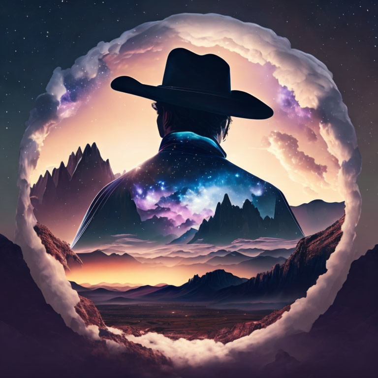 Cowboy silhouette in cosmic landscape with circular mountain vista under twilight sky