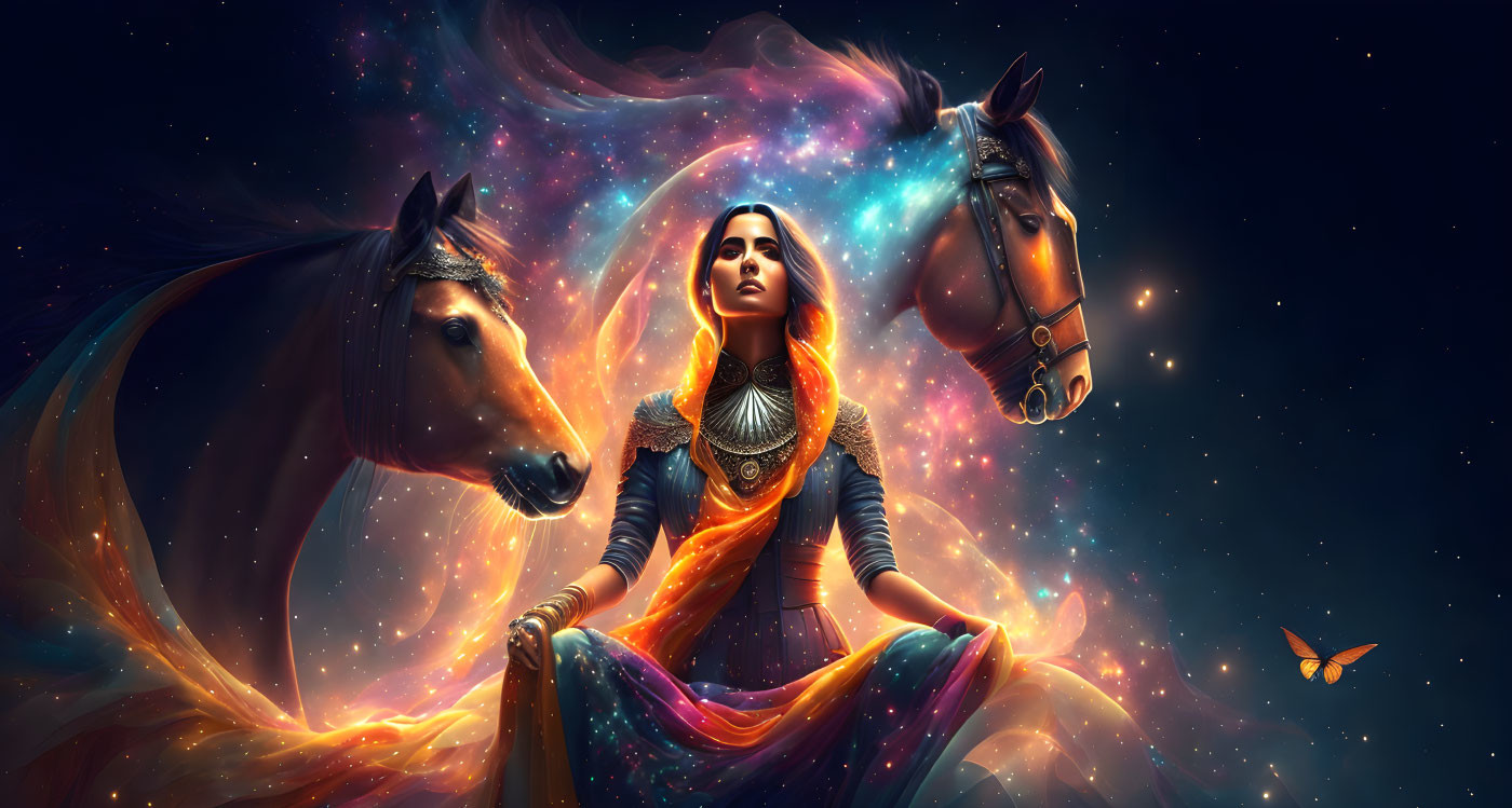 Woman in elaborate attire with majestic horses in cosmic setting.