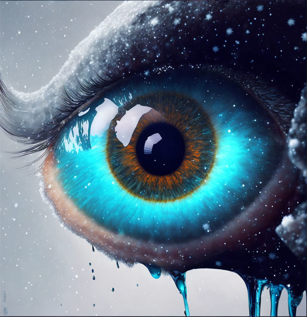 Detailed Close-Up of Human Eye with Blue and Golden Hues and Winter Elements