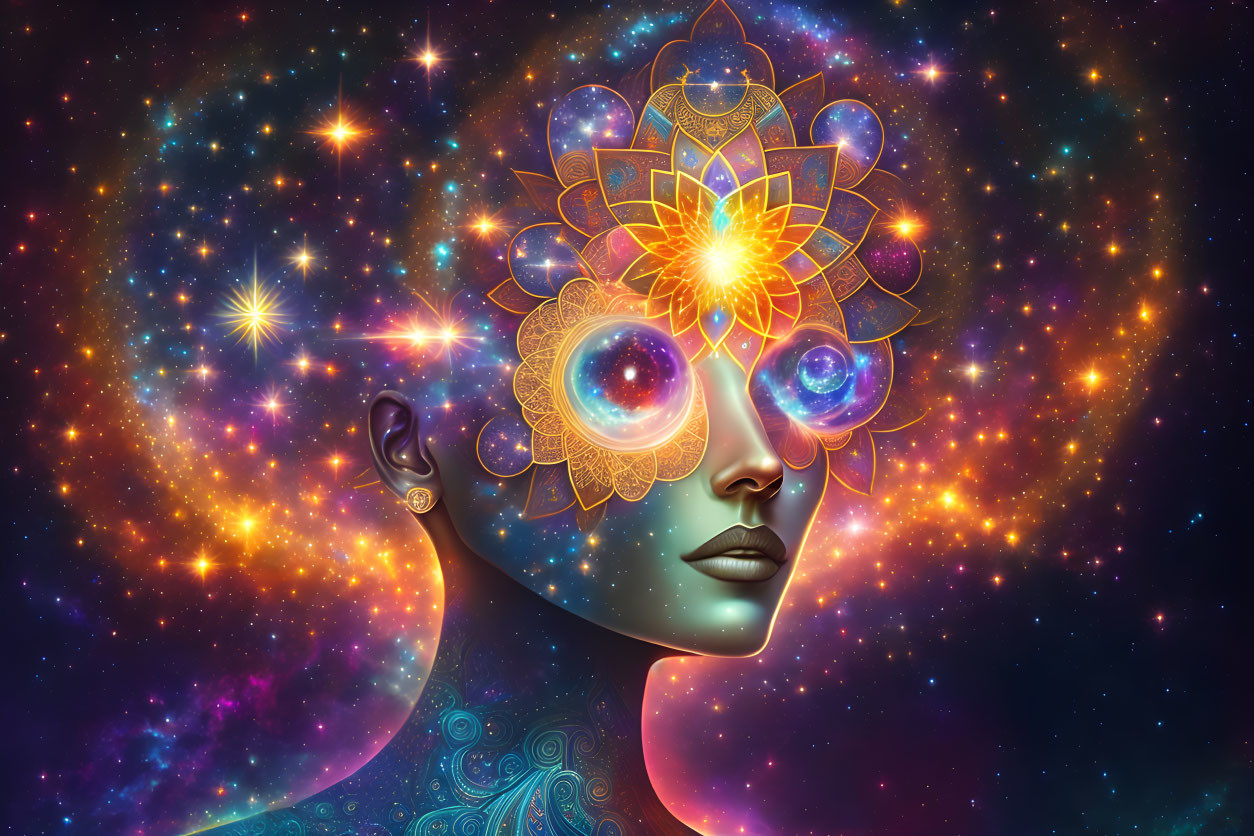 Colorful digital artwork: Woman with cosmic background and mandala patterns.