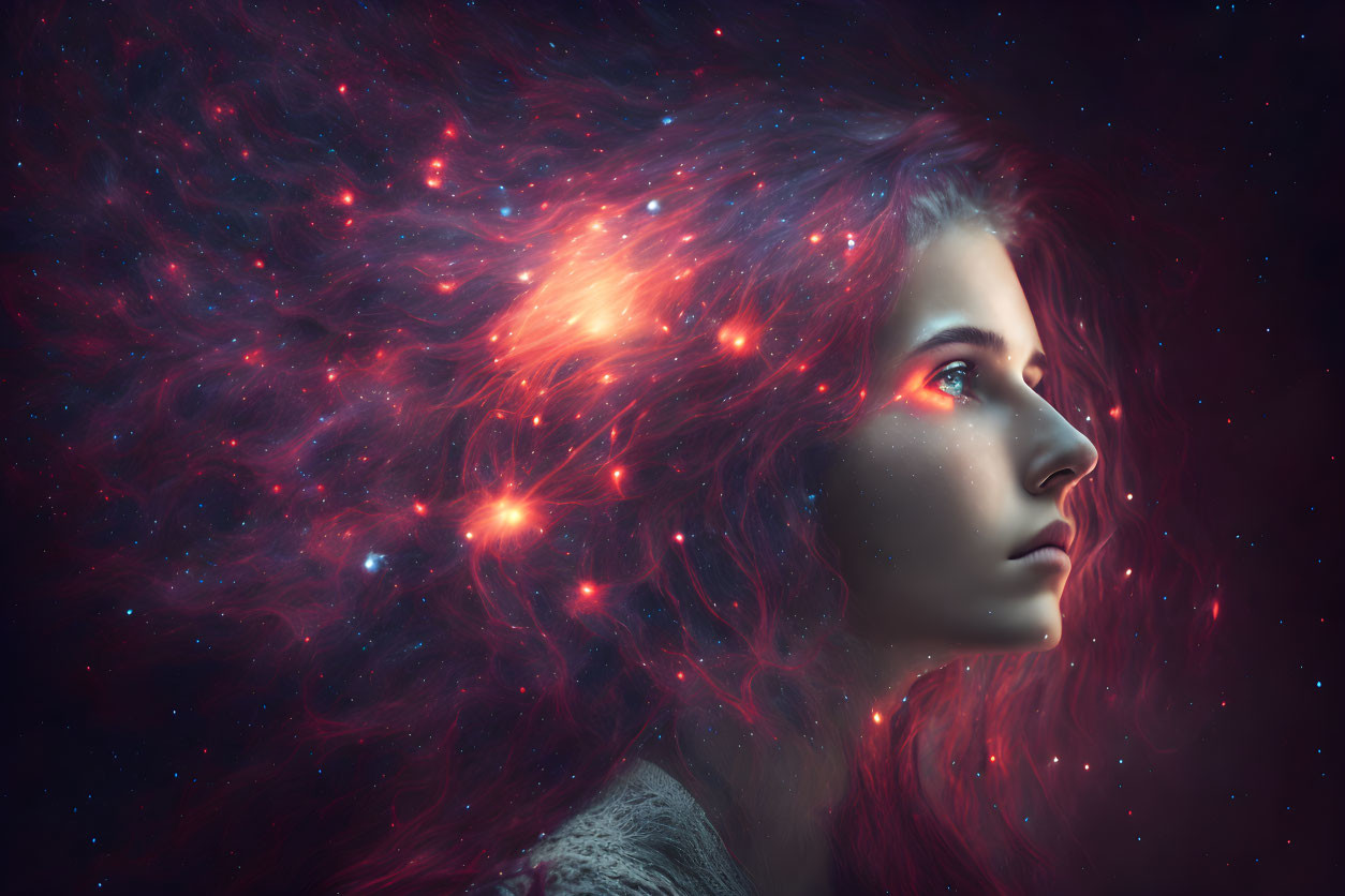 Artistically blended woman's profile with galactic nebula hair and skin in red and blue hues