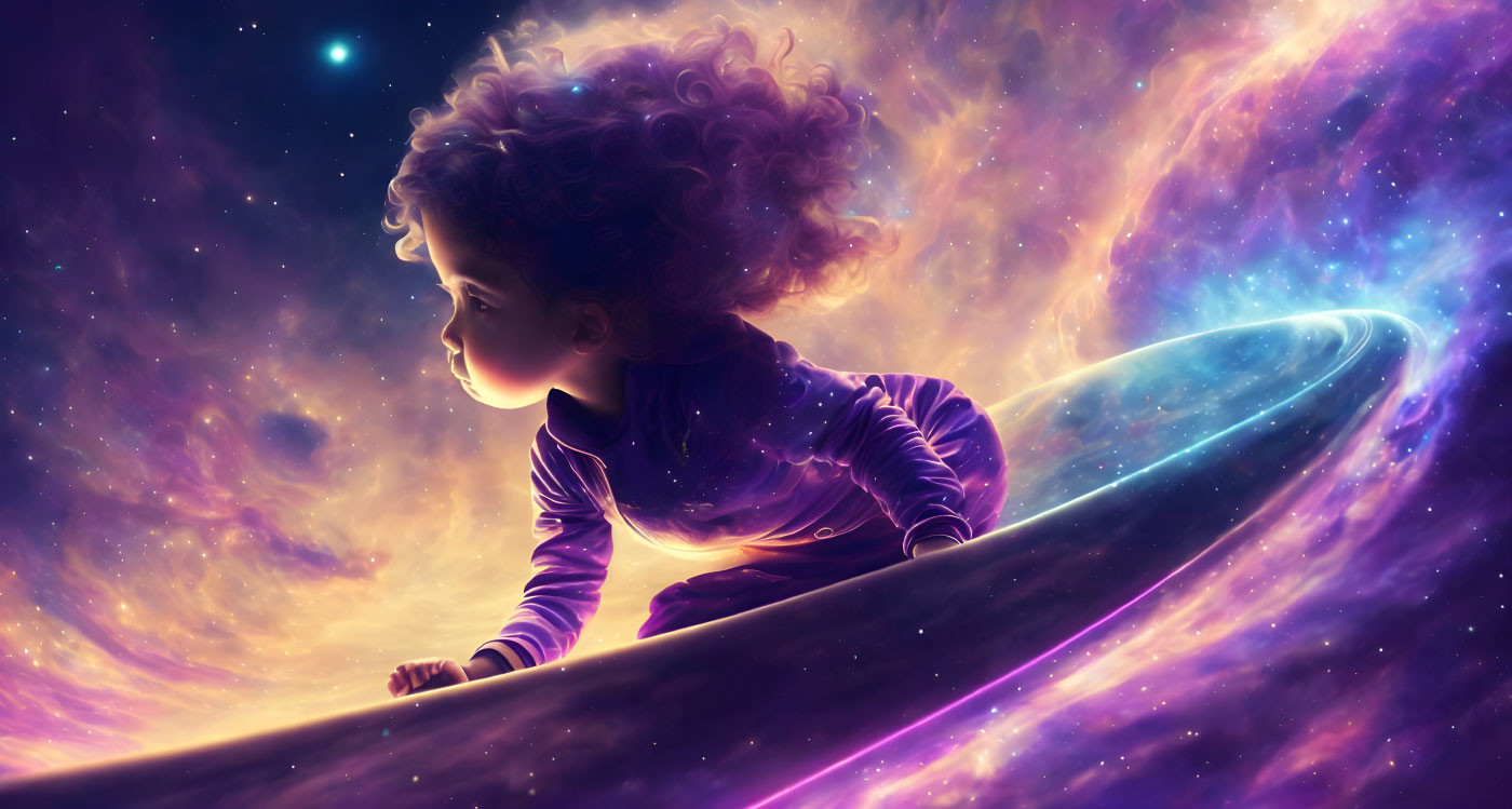 Curly-Haired Child Contemplates Cosmic Nebulae on Reflective Surface