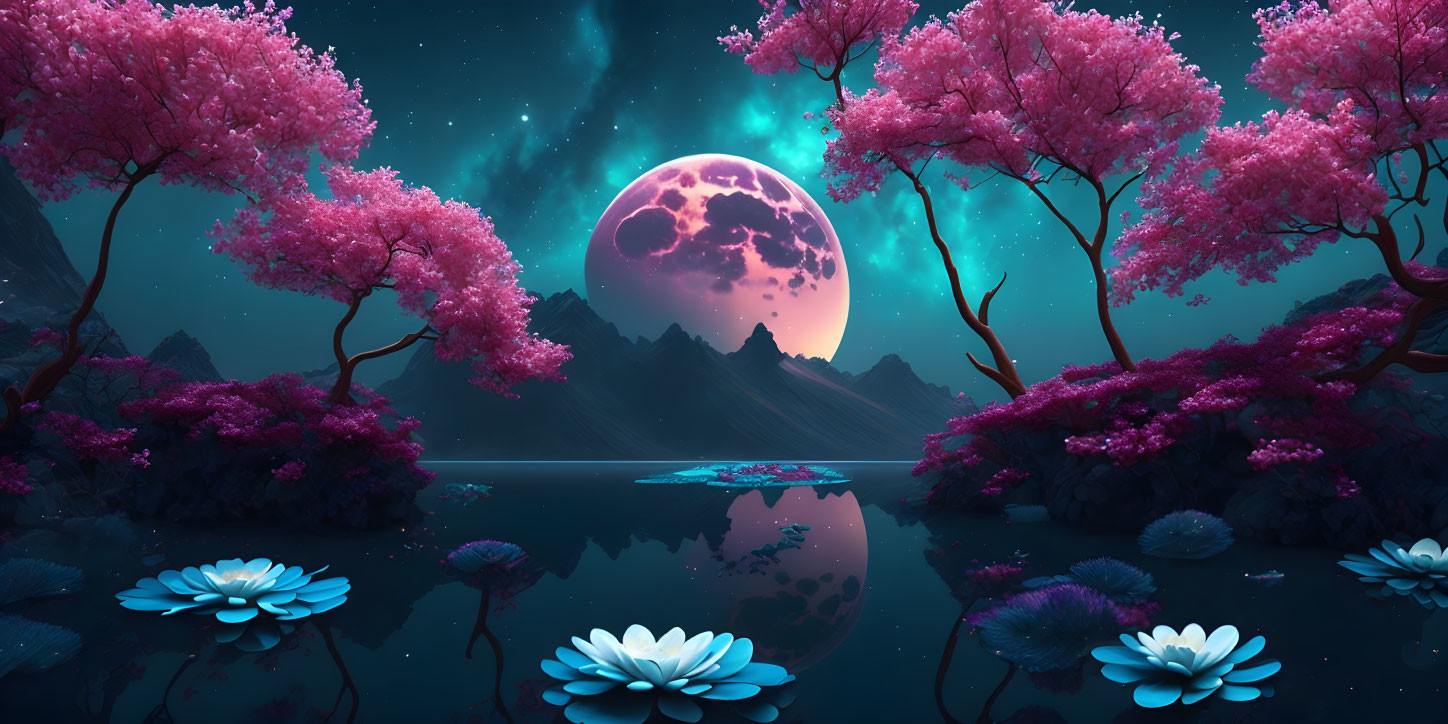 Tranquil landscape with cherry blossoms, moonlit mountains, starry sky, and lotus