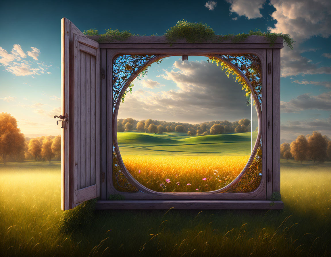 Wooden door with round portal showing lush landscape & sunset sky