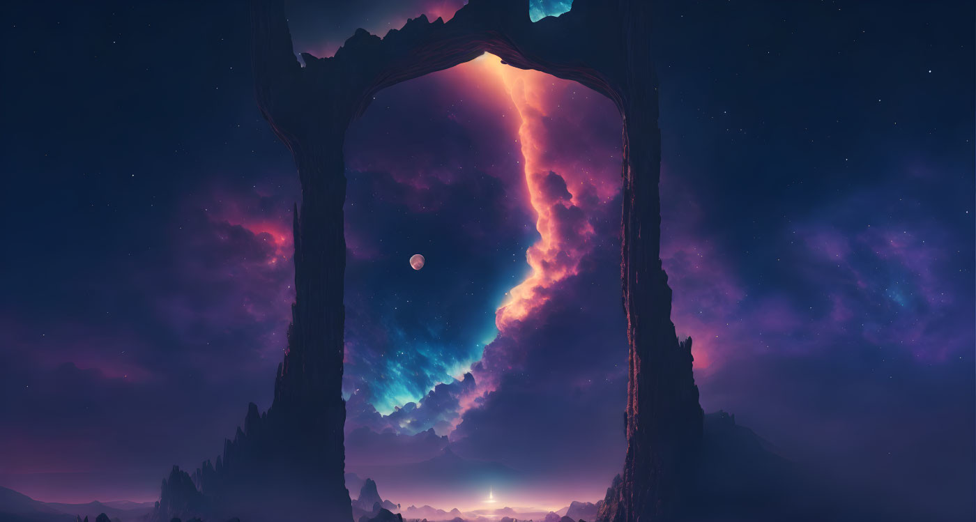 Vibrant night sky with arching rock formation