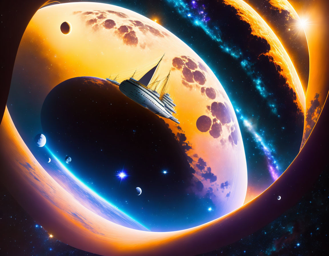 Surreal artwork: Ship sailing through space with vibrant planets, stars, and fiery comet trail