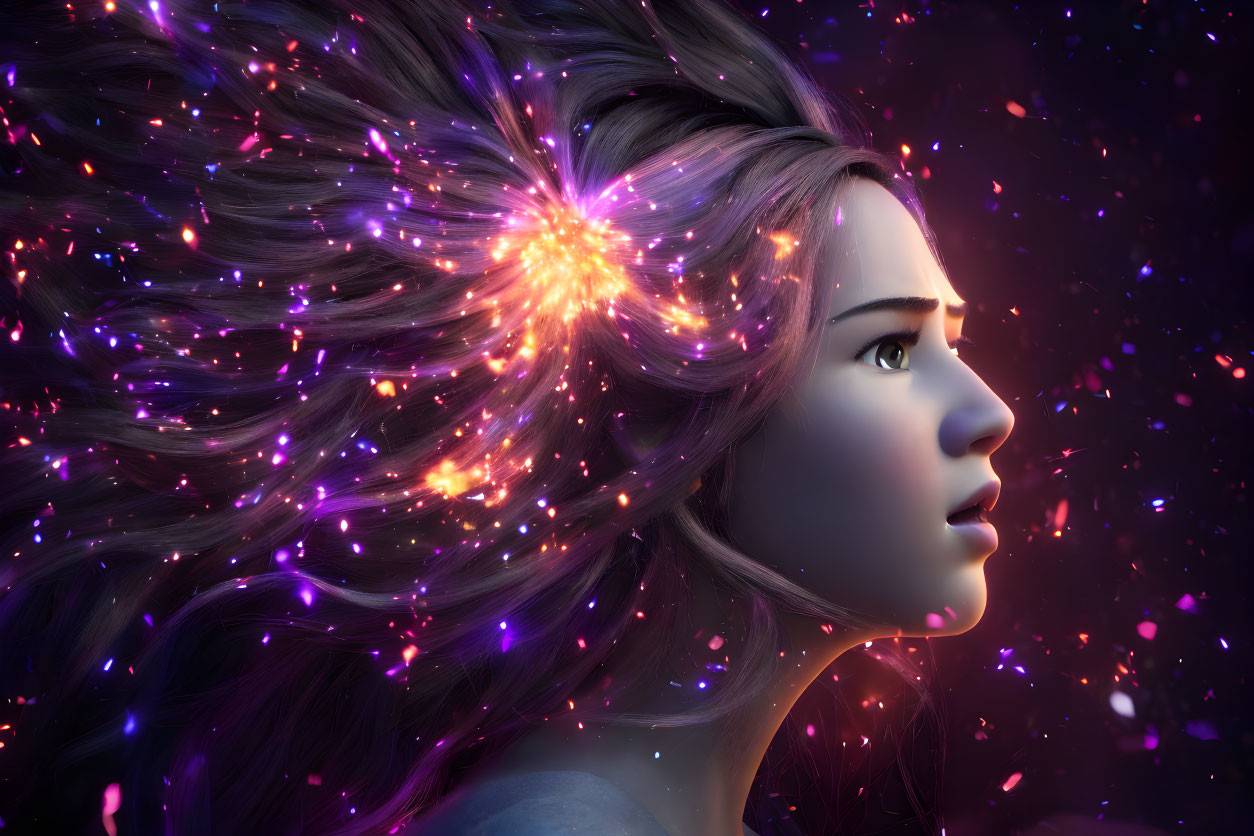 Profile view of 3D animated female character with galaxy hair on cosmic backdrop