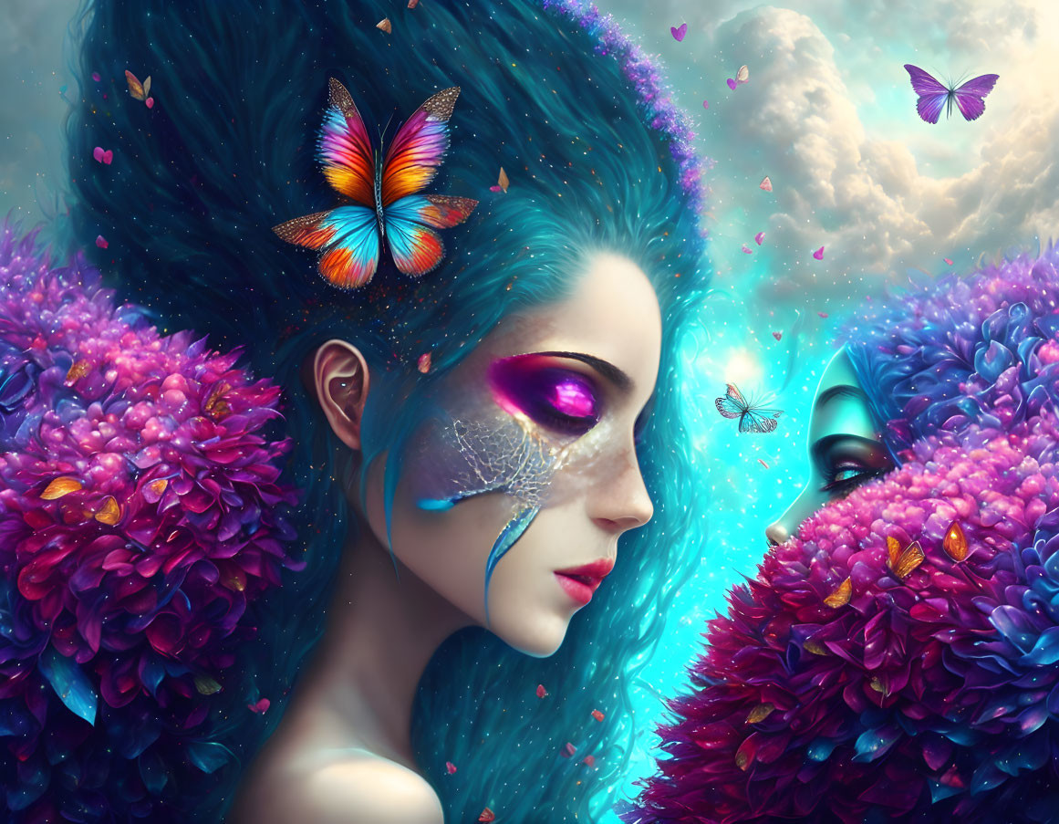 Fantasy portrait of a woman with blue hair, butterflies, flowers, and reflection.