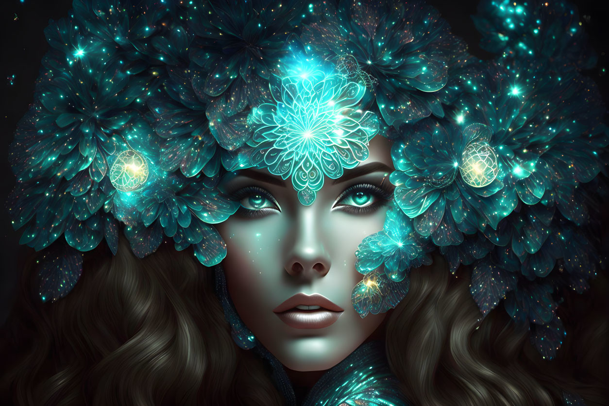 Mystical woman with glowing blue flowers and intricate patterns on face against dark background