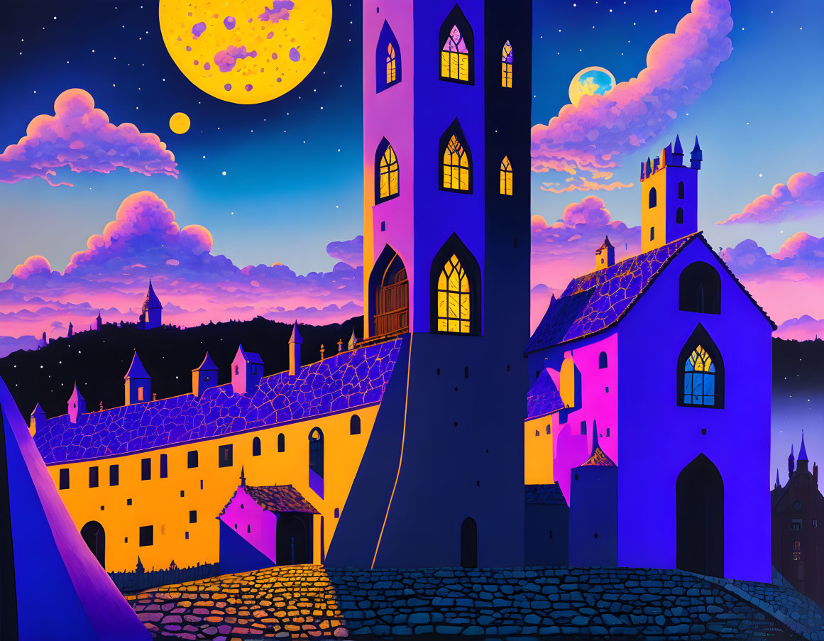 Colorful Whimsical Townscape at Night with Multiple Moons